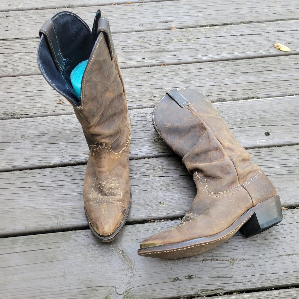 Vintage 80s Laredo Slouchy Western Boho Brown Leather‎ Distressed Cowboy Boots